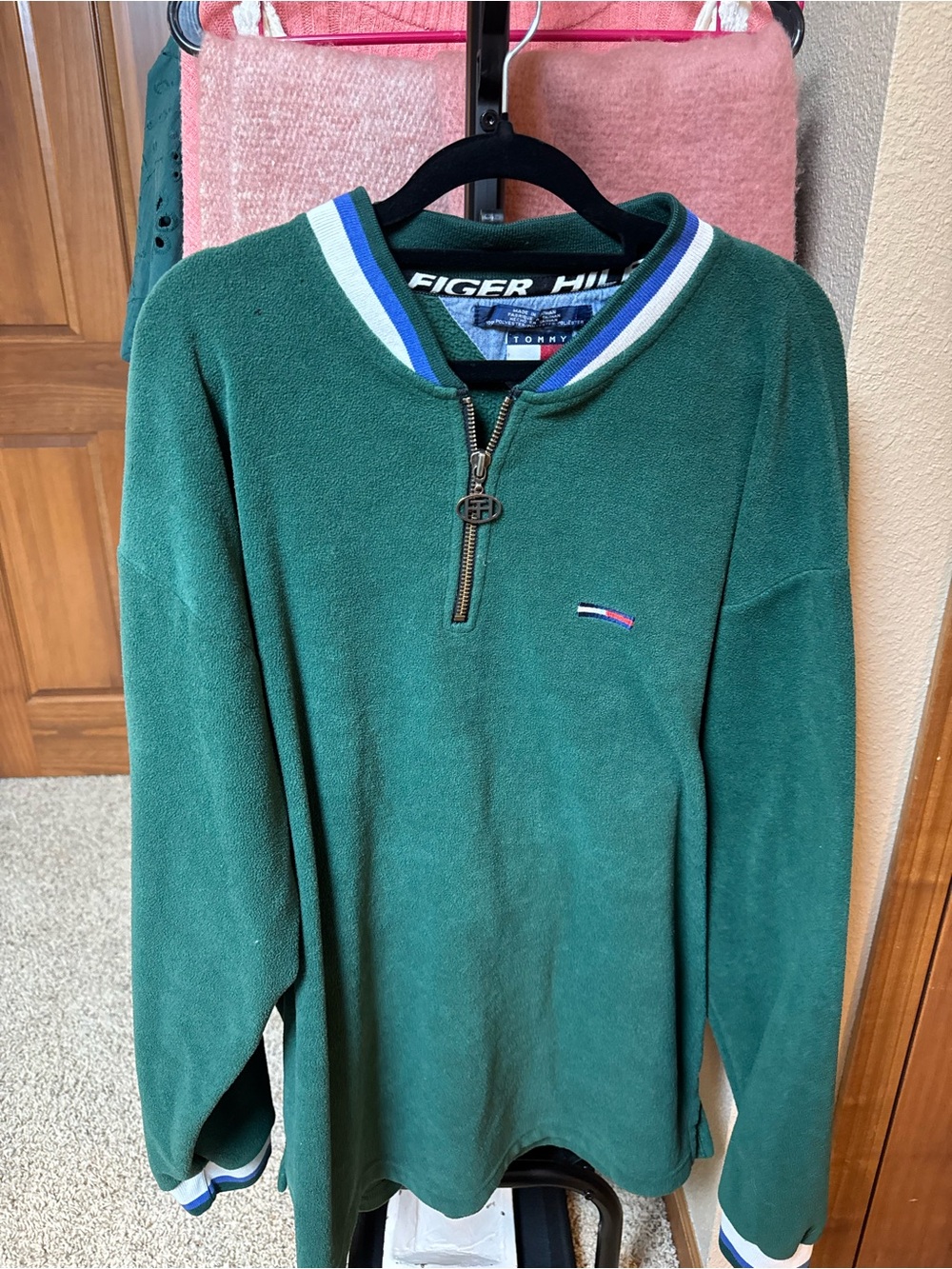 Tommy Hilfiger Women's Dark Green Half-Zip Pullover with Striped Collar